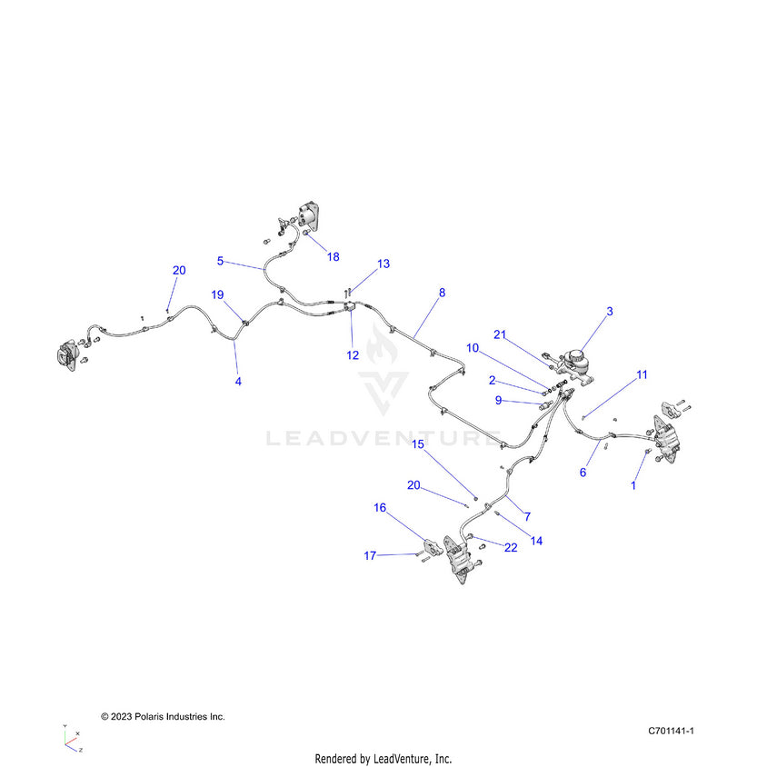 An Image of a Genuine Polaris Parts Schematic Diagram showing the schematic - BRAKES: BRAKE LINES & MASTER CYLINDER - 2025 POLARIS RANGER 1000