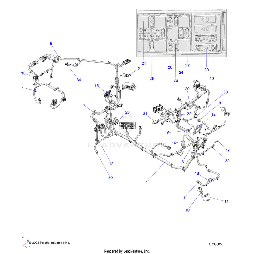 An Image of a Genuine Polaris Parts Schematic Diagram showing the schematic - ELECTRICAL: WIRE HARNESS - 2023 POLARIS RANGER EV FULL SIZE PREMIUM