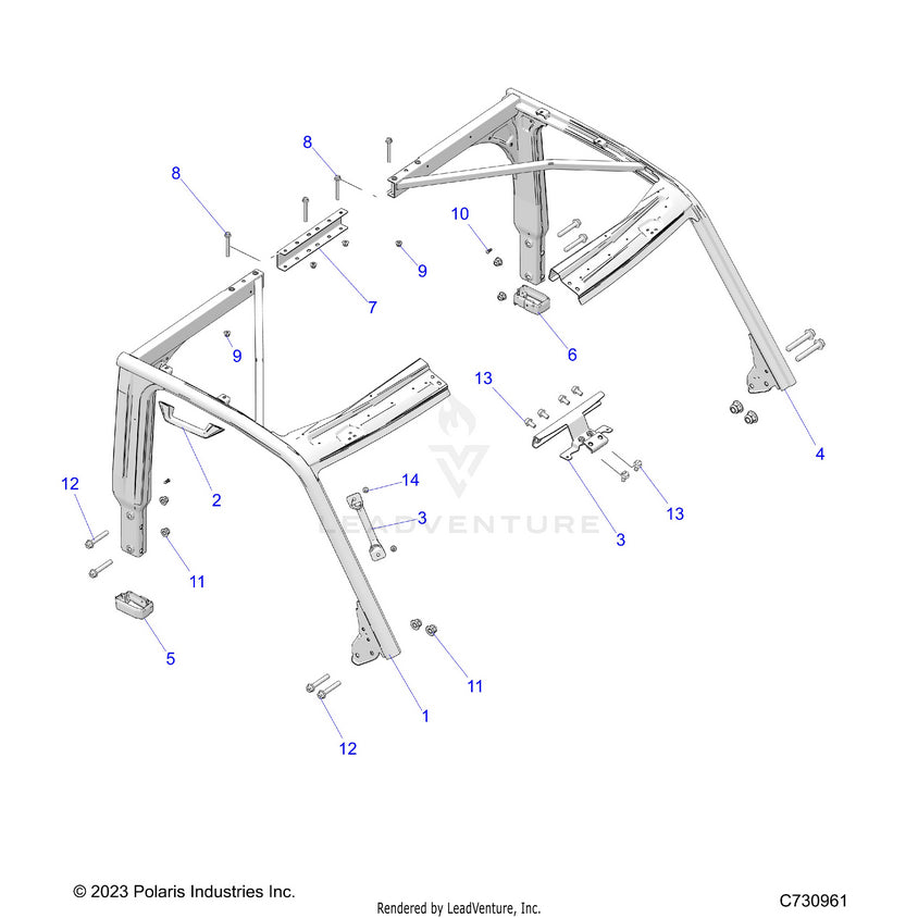 An Image of a Genuine Polaris Parts Schematic Diagram showing the schematic - CHASSIS: CAB FRAME - 2024 POLARIS RANGER XD 1500 PREMIUM