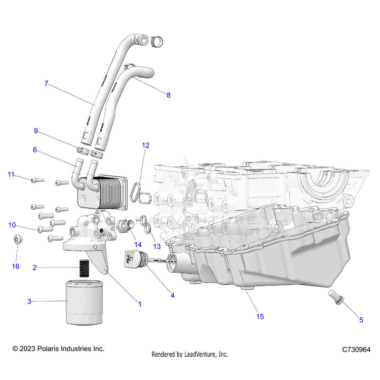 An Image of a Genuine Polaris Parts Schematic Diagram showing the schematic - ENGINE: OIL COOLER FILTER & DIPSTICK - 2025 POLARIS RANGER XD 1500 NORTHSTAR ULTIMATE CREW