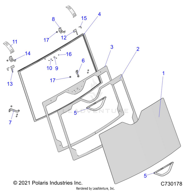 An Image of a Genuine Polaris Parts Schematic Diagram showing the schematic - BODY: WINDSHIELD - 2023 POLARIS RANGER 570 CREW NORTHSTAR