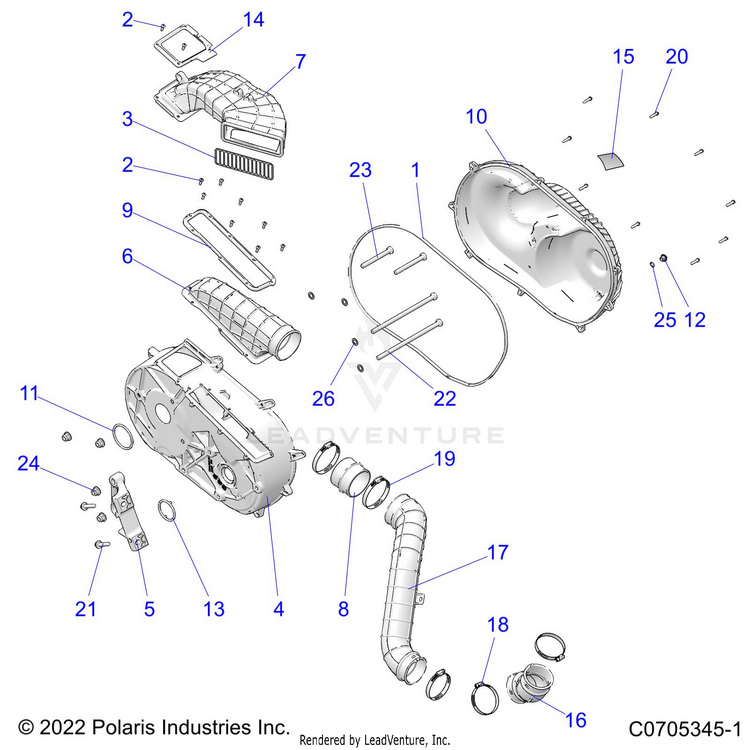 An Image of a Genuine Polaris Parts Schematic Diagram showing the schematic - DRIVE TRAIN: CLUTCH COVER & DUCTING - 2022 POLARIS RANGER XP 1000 BIG GAME EVAP