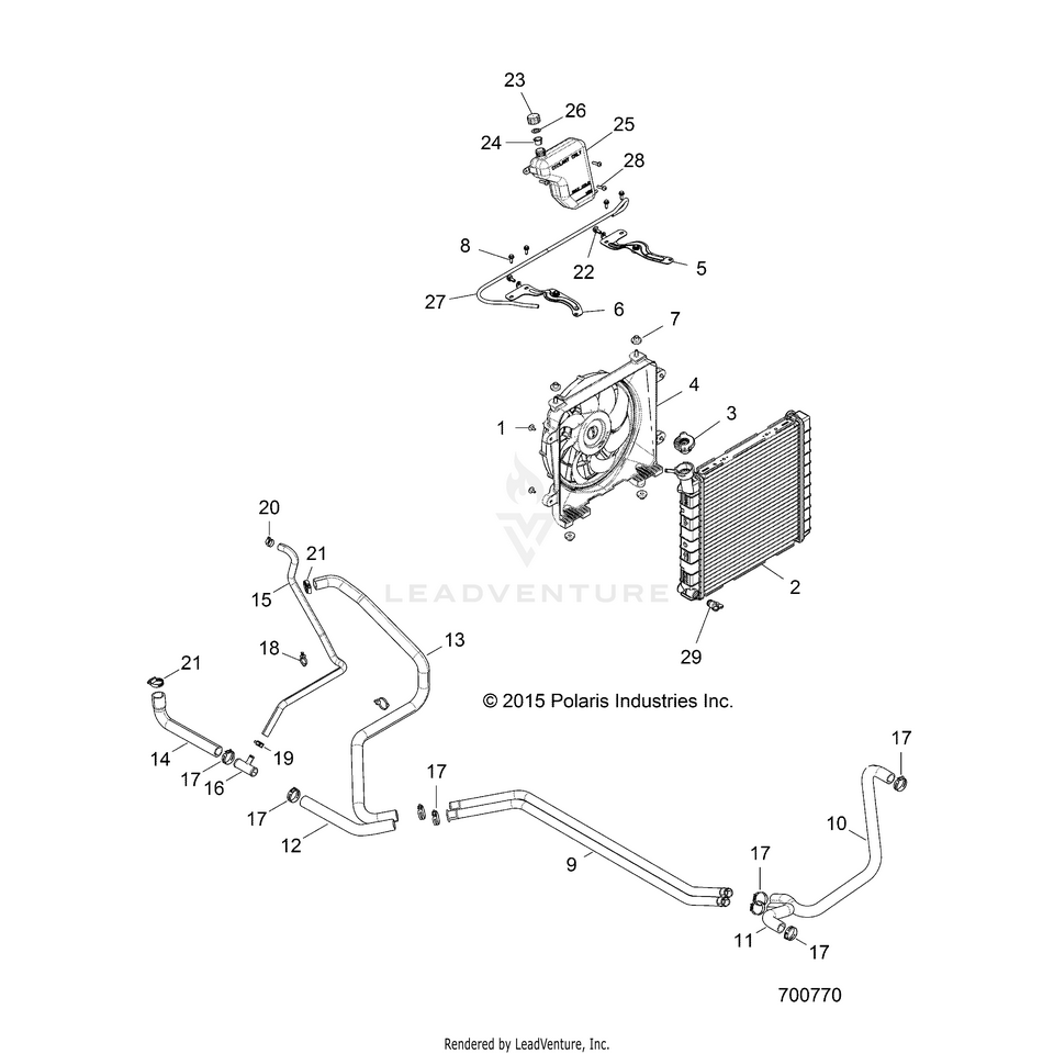 An Image of a Genuine Polaris Parts Schematic Diagram showing the schematic - ENGINE: COOLING SYSTEM - 2016 POLARIS RANGER CREW XP 570 FULL SIZE