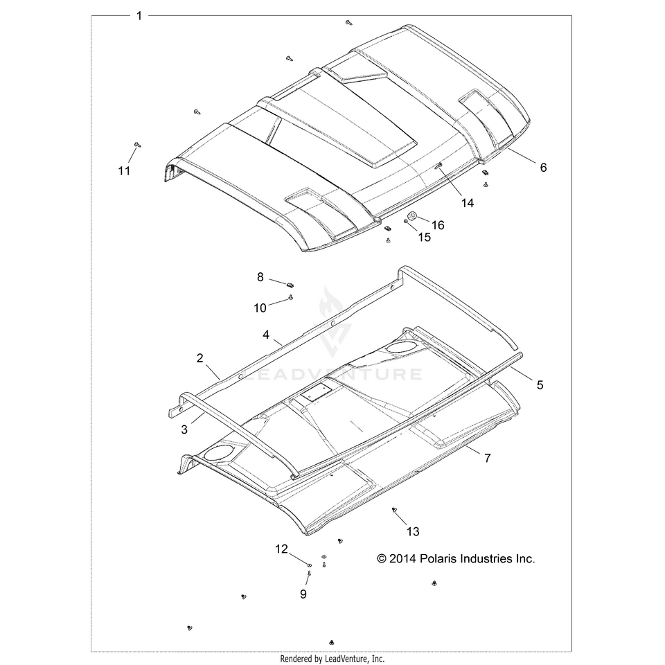 An Image of a Genuine Polaris Parts Schematic Diagram showing the schematic - BODY: ROOF - 2015 POLARIS RANGER 900 XP