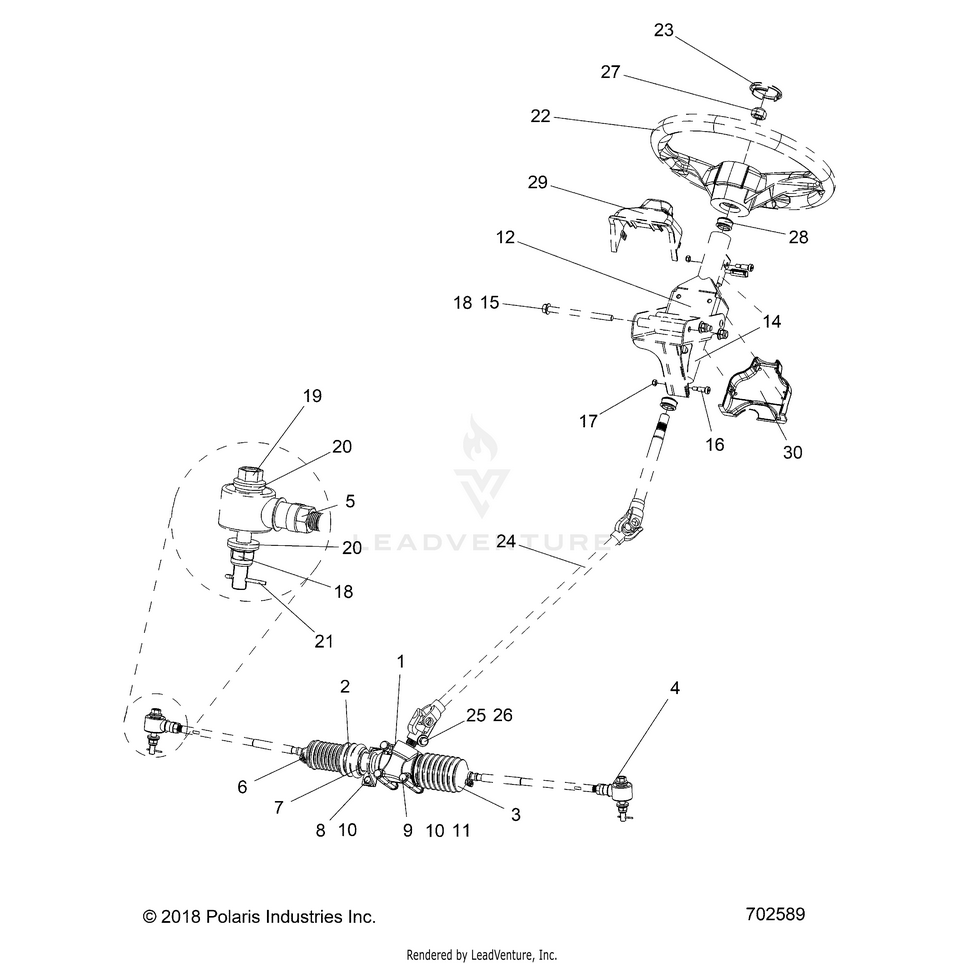 An Image of a Genuine Polaris Parts Schematic Diagram showing the schematic - STEERING: STEERING - 2016 POLARIS RANGER CREW 570 EFI