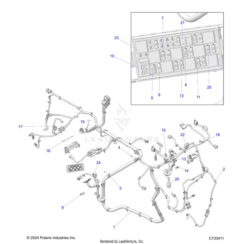 An Image of a Genuine Polaris Parts Schematic Diagram showing the schematic - ELECTRICAL: WIRE HARNESSES - 2025 POLARIS RANGER 570 PREMIUM