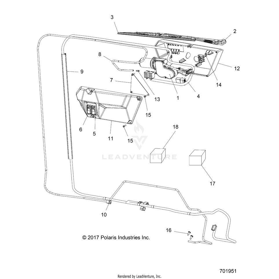 An Image of a Genuine Polaris Parts Schematic Diagram showing the schematic - BODY: WIPER MOTOR & WINDSHIELD HARNESS - 2018 POLARIS RANGER CREW 1000 EPS