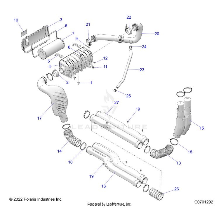 An Image of a Genuine Polaris Parts Schematic Diagram showing the schematic - ENGINE: AIR INTAKE SYSTEM - 2020 POLARIS GENERAL XP 4 1000