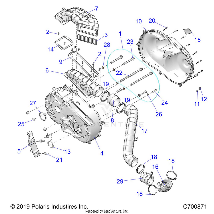An Image of a Genuine Polaris Parts Schematic Diagram showing the schematic - DRIVE TRAIN: CLUTCH COVER & DUCTING - 2020 POLARIS RANGER CREW XP 1000 FACTORY CHOICE