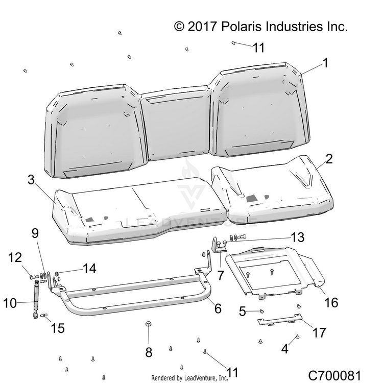 An Image of a Genuine Polaris Parts Schematic Diagram showing the schematic - BODY: SEAT - 2018 POLARIS RANGER 1000 EPS