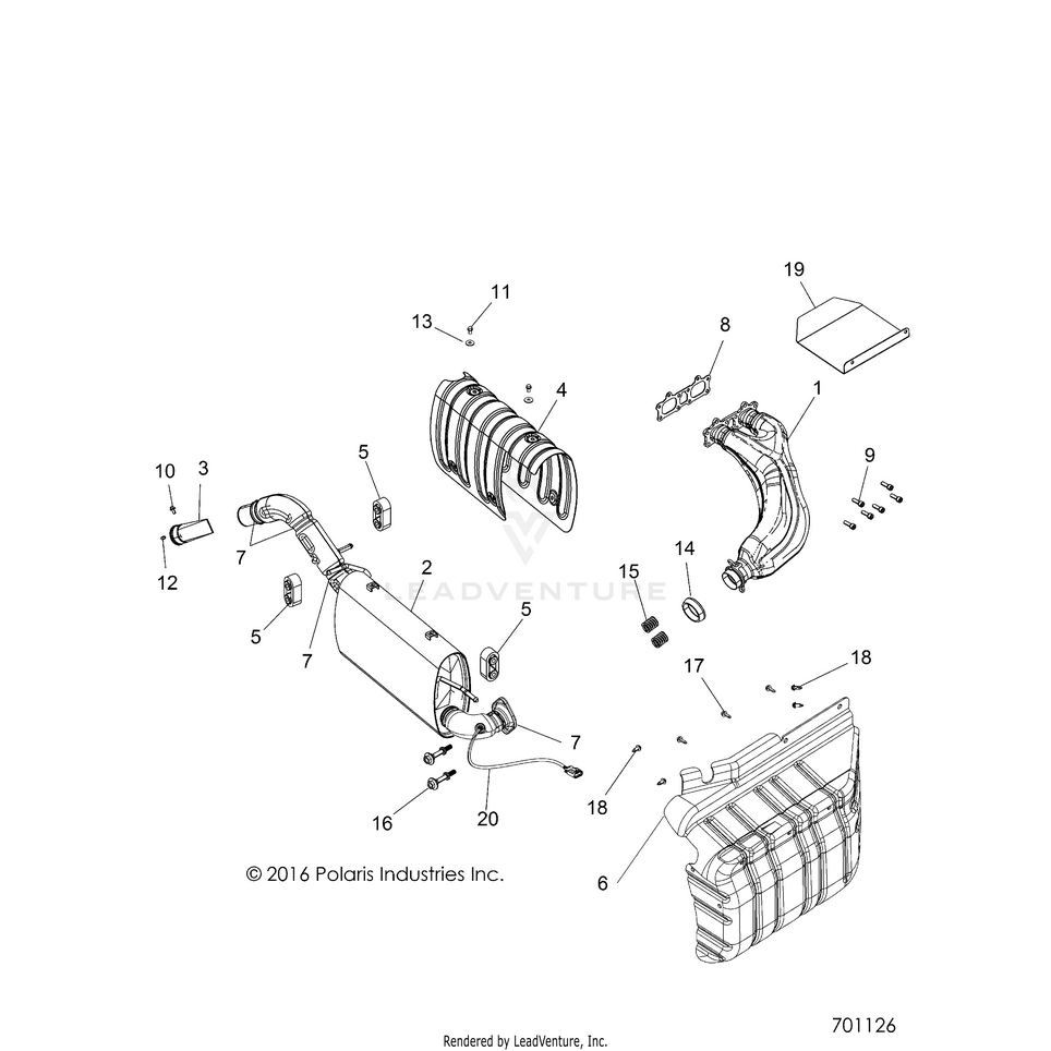 An Image of a Genuine Polaris Parts Schematic Diagram showing the schematic - ENGINE: EXHAUST - 2017 POLARIS RANGER XP 1000