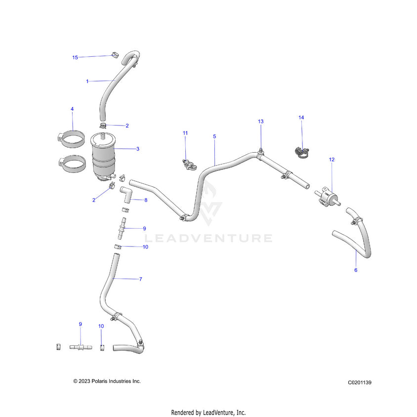 An Image of a Genuine Polaris Parts Schematic Diagram showing the schematic - BODY: FUEL TANK EVAP - 2025 POLARIS RANGER 150 EFI
