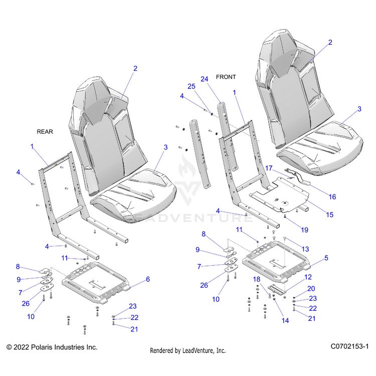 An Image of a Genuine Polaris Parts Schematic Diagram showing the schematic - BODY: SEAT ASM. AND SLIDER - 2025 POLARIS GENERAL XP 4 1000 PREMIUM
