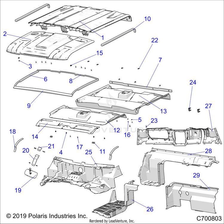 An Image of a Genuine Polaris Parts Schematic Diagram showing the schematic - OPTION: ROOF STD - 2020 POLARIS RANGER CREW XP 1000 NORTHSTAR FC