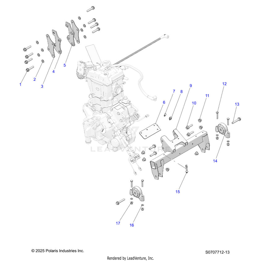 An Image of a Genuine Polaris Parts Schematic Diagram showing the schematic - ENGINE: TRANSMISSION MOUNTING & LONG BLOCK - 2026 POLARIS RANGER 500