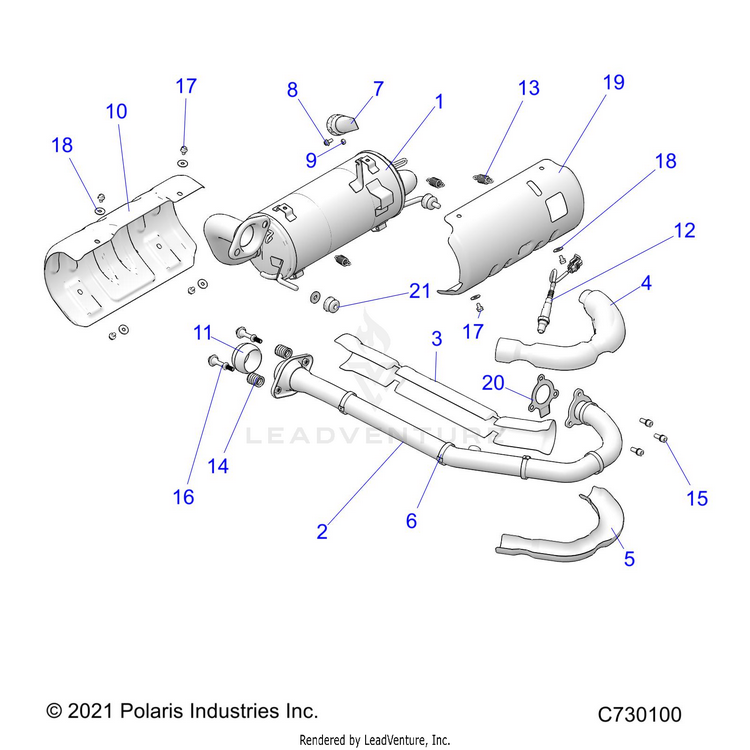 An Image of a Genuine Polaris Parts Schematic Diagram showing the schematic - ENGINE: EXHAUST SYSTEM - 2023 POLARIS RANGER 570 CREW NORTHSTAR