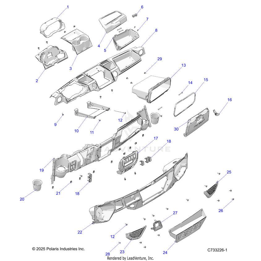 An Image of a Genuine Polaris Parts Schematic Diagram showing the schematic - BODY: DASH - 2026 POLARIS RANGER 1000 XP CREW NORTHSTAR PREMIUM