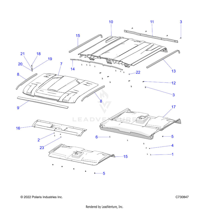 An Image of a Genuine Polaris Parts Schematic Diagram showing the schematic - BODY: ROOF - 2024 POLARIS RANGER 1000 XP CREW NORTHSTAR