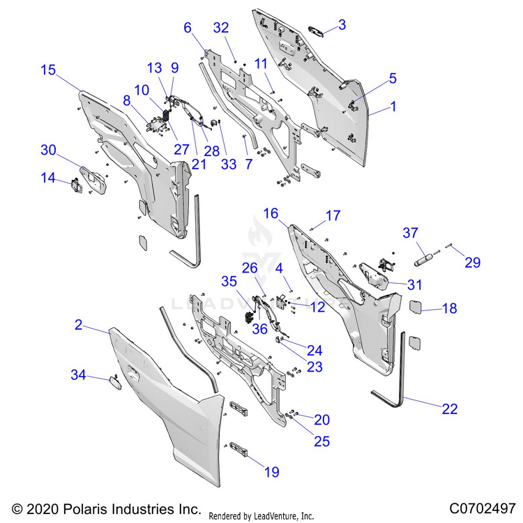 An Image of a Genuine Polaris Parts Schematic Diagram showing the schematic - BODY: DOORS - 2020 POLARIS GENERAL 1000 DELUXE