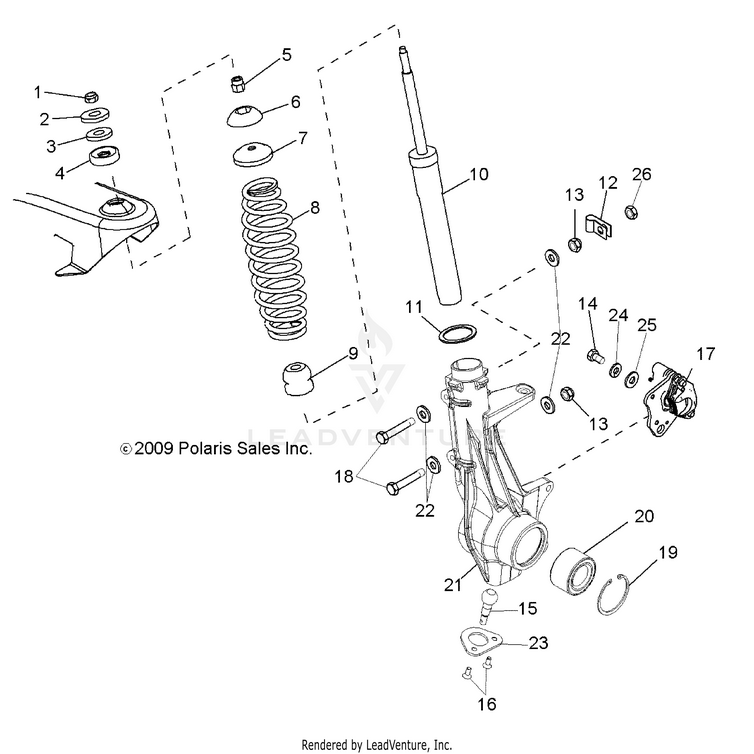 An Image of a Genuine Polaris Parts Schematic Diagram showing the schematic - SUSPENSION: FRONT STRUT - 2015 POLARIS RANGER EV