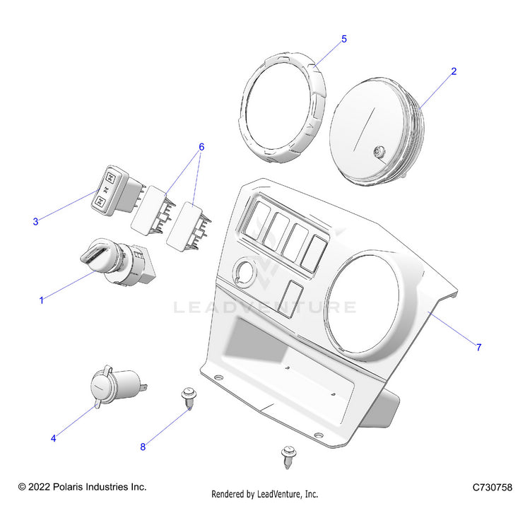 An Image of a Genuine Polaris Parts Schematic Diagram showing the schematic - ELECTRICAL: DASH INSTRUMENTS & CONTROLS - 2024 POLARIS RANGER 570 FULL SIZE