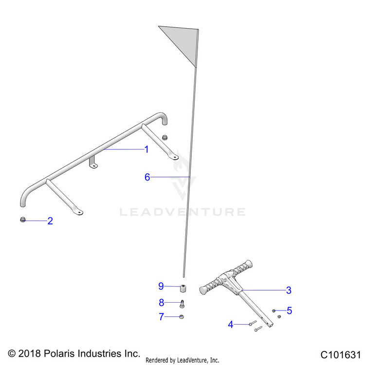 An Image of a Genuine Polaris Parts Schematic Diagram showing the schematic - BODY: ACCESSORY BUMPER FLAG & PASS HANDLE - 2018 POLARIS RANGER 150 EFI