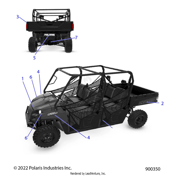 An Image of a Genuine Polaris Parts Schematic Diagram showing the schematic - BODY: DECALS GRAPHICS - 2023 POLARIS RANGER 570 CREW FULL SIZE