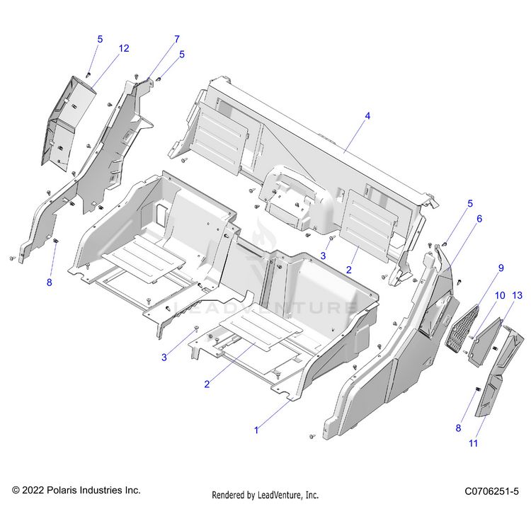 An Image of a Genuine Polaris Parts Schematic Diagram showing the schematic - BODY: REAR CLOSEOFF AND FENDERS - 2024 POLARIS GENERAL 1000 PREMIUM