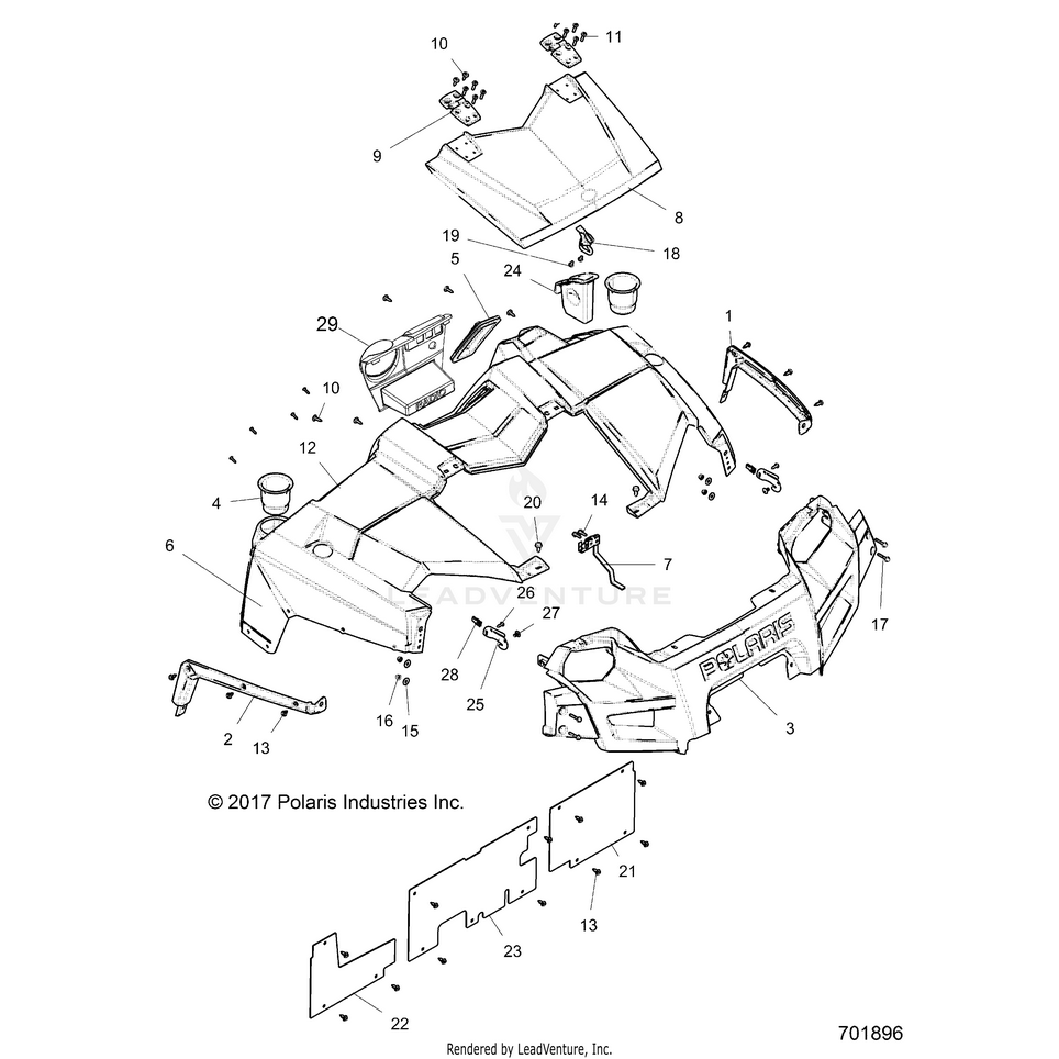 An Image of a Genuine Polaris Parts Schematic Diagram showing the schematic - BODY: HOOD & FRONT FASCIA - 2020 POLARIS RANGER CREW 570 FULL SIZE