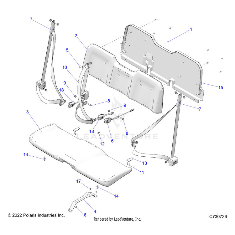 An Image of a Genuine Polaris Parts Schematic Diagram showing the schematic - BODY: SEAT - 2023 POLARIS RANGER 570 FULL SIZE