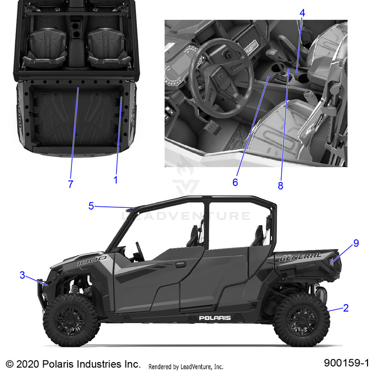 An Image of a Genuine Polaris Parts Schematic Diagram showing the schematic - BODY: DECALS WARNING - 2021 POLARIS GENERAL 4 1000 PREMIUM EPS