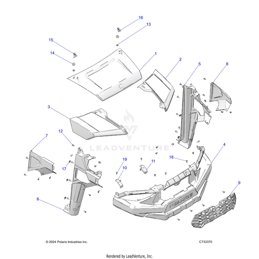 An Image of a Genuine Polaris Parts Schematic Diagram showing the schematic - BODY: HOOD & FRONT FENDERS - 2025 POLARIS RANGER 570 CREW NORTHSTAR