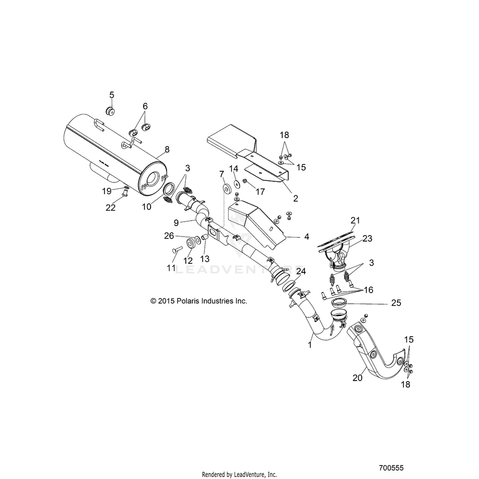 An Image of a Genuine Polaris Parts Schematic Diagram showing the schematic - ENGINE: EXHAUST - 2016 POLARIS RANGER 800 6X6