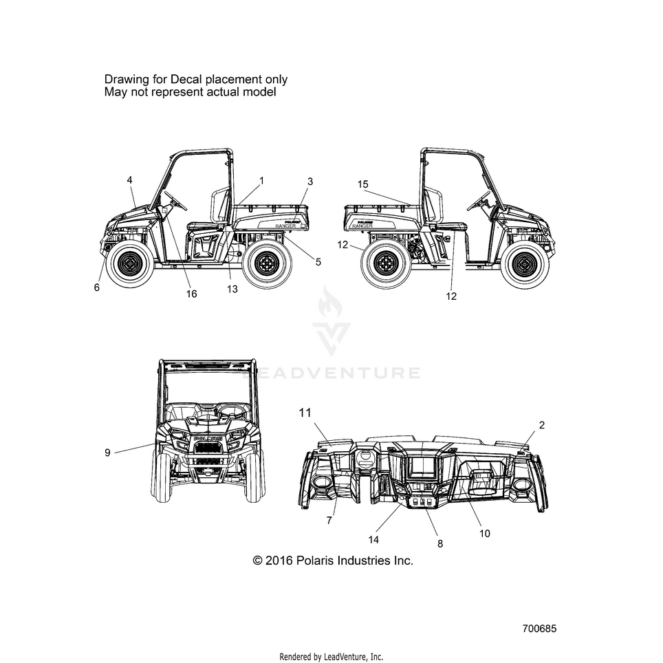 An Image of a Genuine Polaris Parts Schematic Diagram showing the schematic - BODY: DECALS - 2017 POLARIS RANGER EV LIION