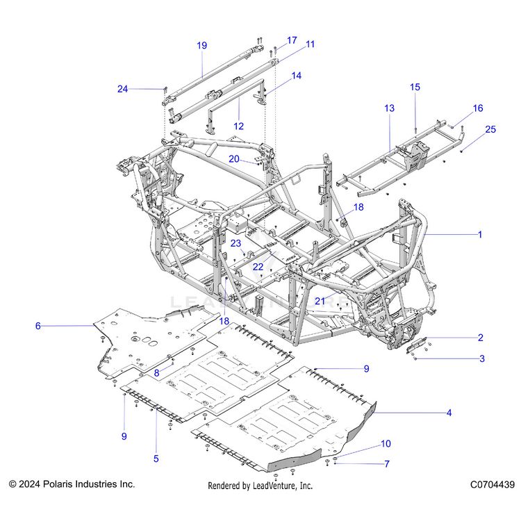 An Image of a Genuine Polaris Parts Schematic Diagram showing the schematic - CHASSIS: MAIN FRAME AND SKID PLATES - 2024 POLARIS XPEDITION XP5 ULTIMATE