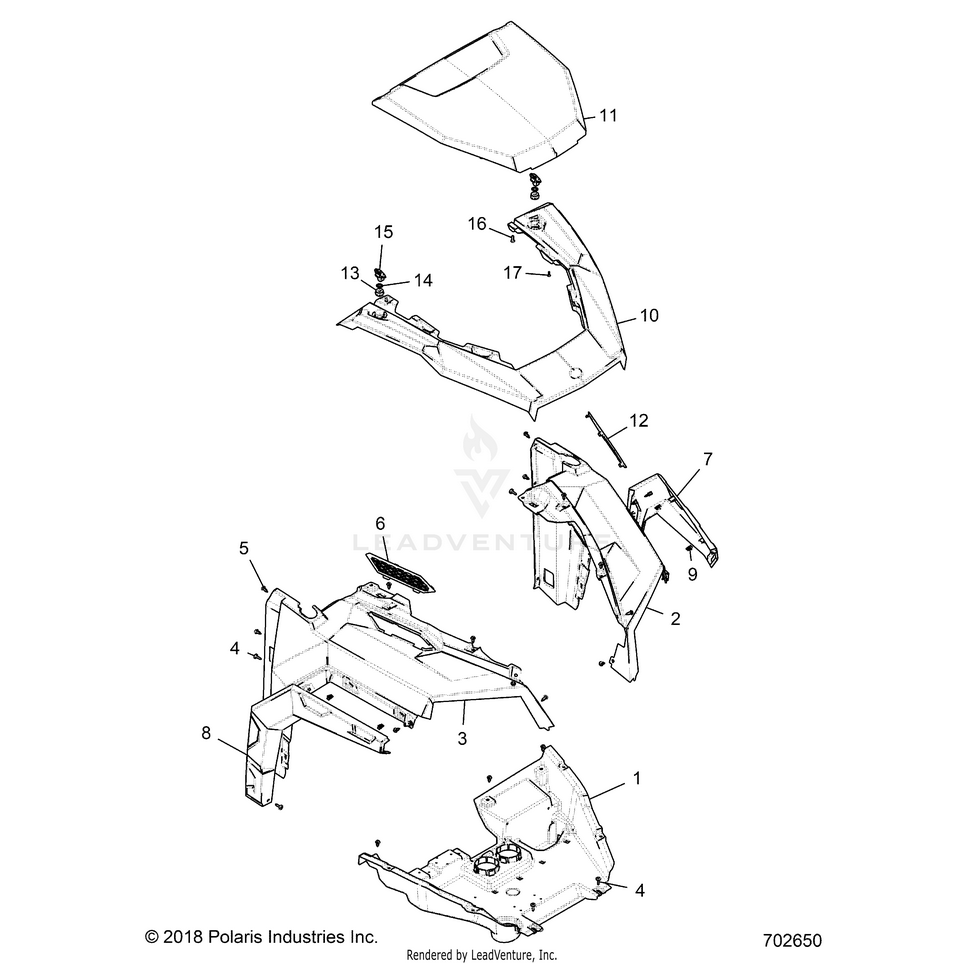An Image of a Genuine Polaris Parts Schematic Diagram showing the schematic - BODY: HOOD AND FRONT FENDER - 2021 POLARIS GENERAL 1000 SPORT EPS