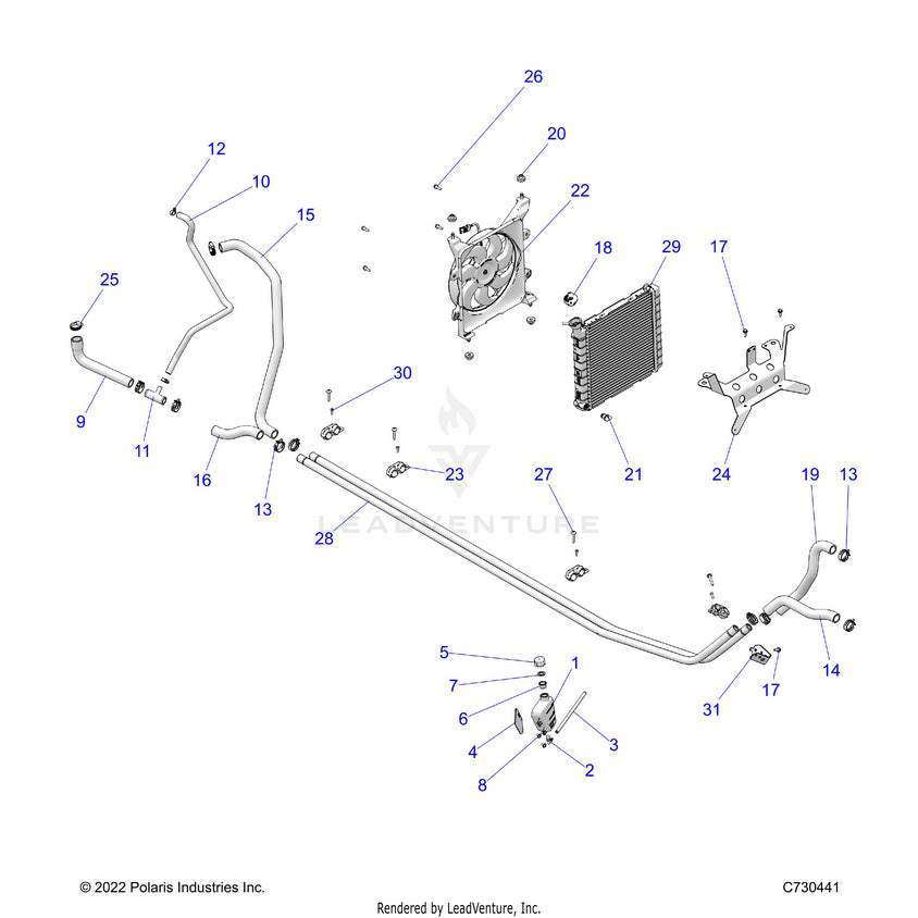 An Image of a Genuine Polaris Parts Schematic Diagram showing the schematic - ENGINE: COOLING SYSTEM - 2025 POLARIS RANGER 570 CREW FULL SIZE