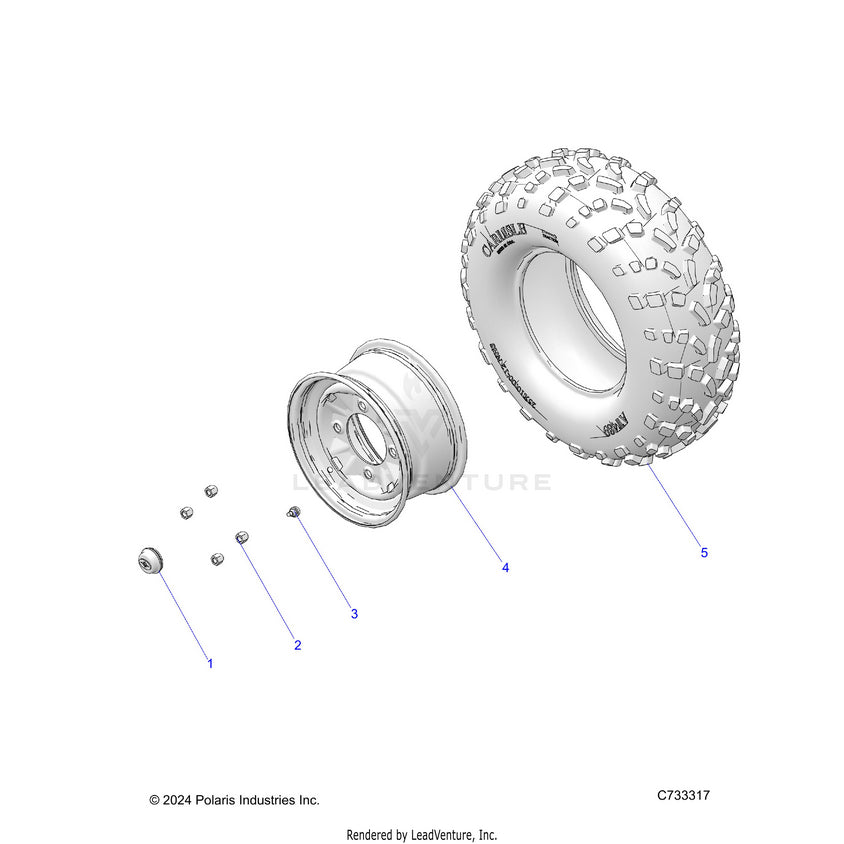An Image of a Genuine Polaris Parts Schematic Diagram showing the schematic - WHEELS: FRONT - 2026 POLARIS RANGER 1000 CREW