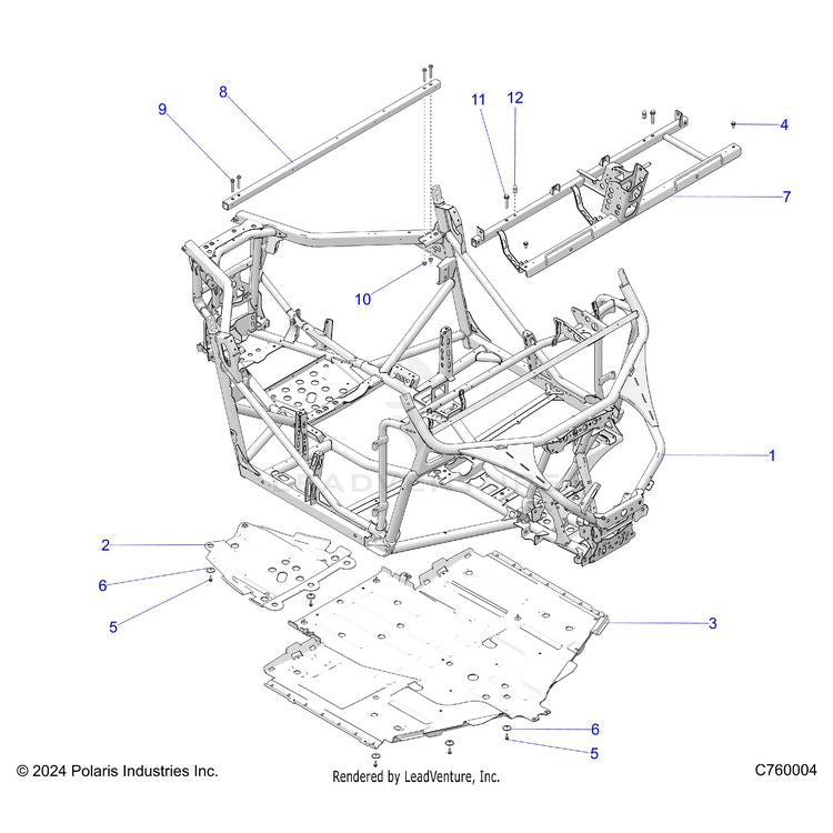 An Image of a Genuine Polaris Parts Schematic Diagram showing the schematic - CHASSIS: MAIN FRAME AND SKID PLATES - 2025 POLARIS GENERAL XP 1000 PREMIUM