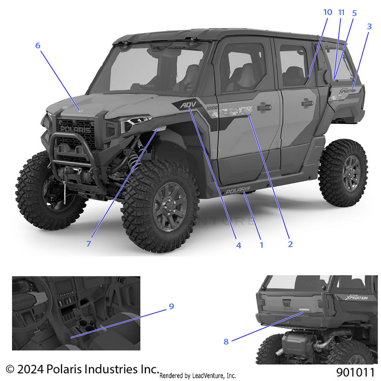 An Image of a Genuine Polaris Parts Schematic Diagram showing the schematic - BODY: DECALS GRAPHICS - 2025 POLARIS XPEDITION ADV 5 NORTHSTAR
