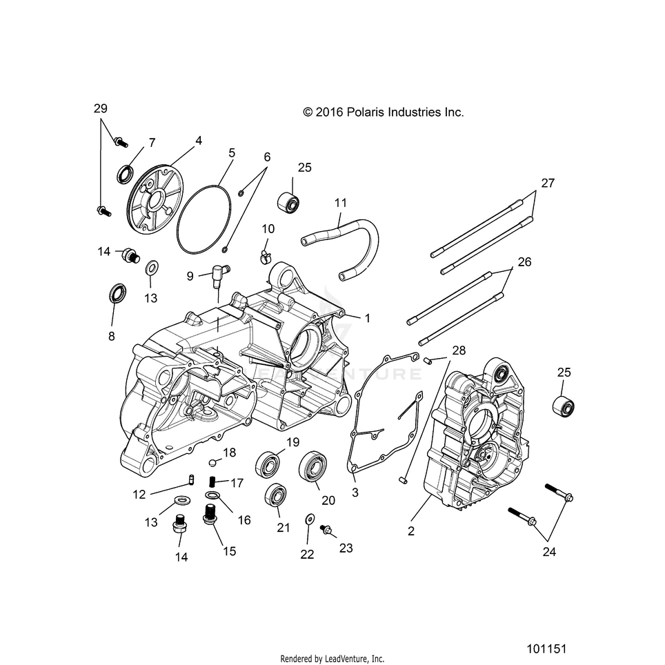 An Image of a Genuine Polaris Parts Schematic Diagram showing the schematic - ENGINE: CRANKCASE COMP LEFT/RIGHT - 2023 POLARIS RANGER 150 EFI