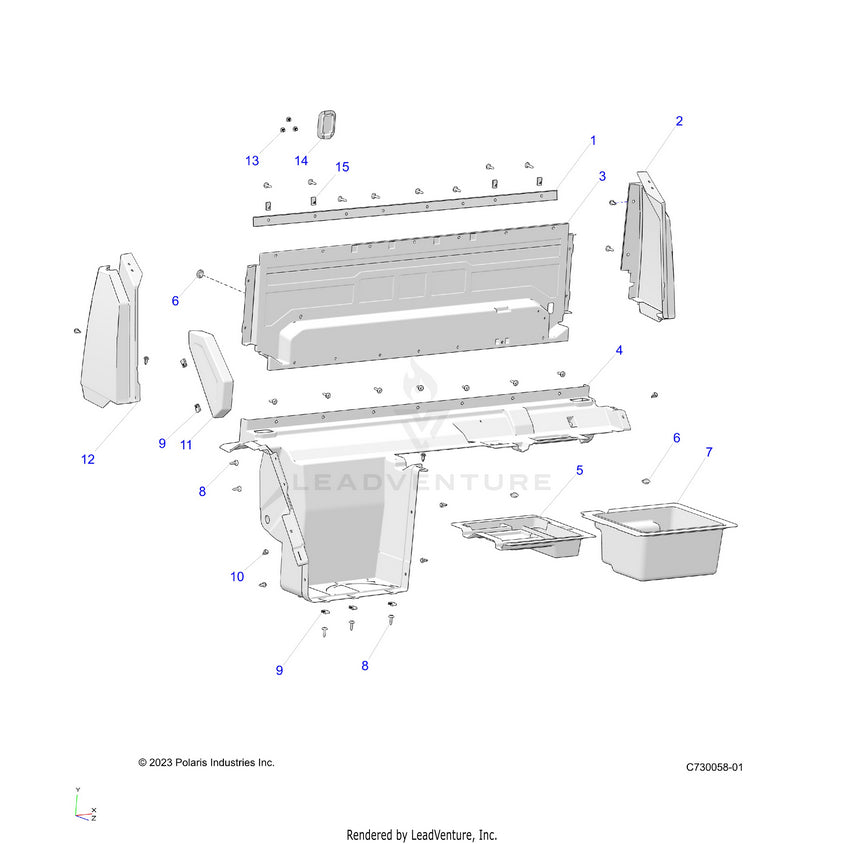 An Image of a Genuine Polaris Parts Schematic Diagram showing the schematic - BODY: REAR CLOSEOFF & FENDERS - 2023 POLARIS RANGER XP 1000 PREMIUM