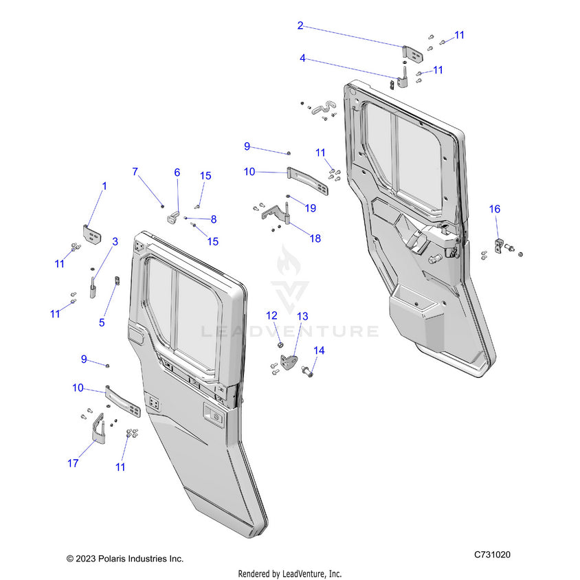An Image of a Genuine Polaris Parts Schematic Diagram showing the schematic - BODY: DOOR REAR MOUNTING - 2022 POLARIS RANGER CREW XP 1000 NORTHSTAR ULTIMATE