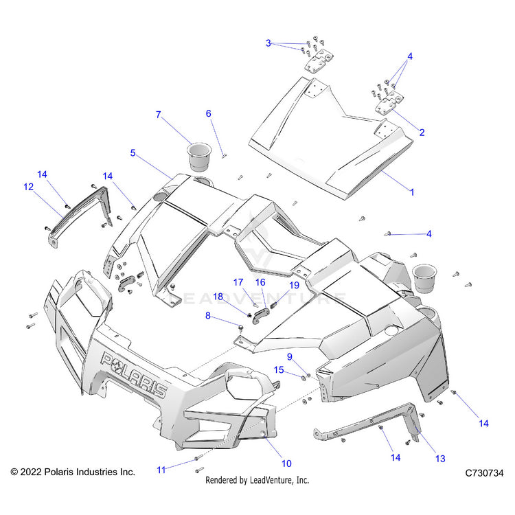 An Image of a Genuine Polaris Parts Schematic Diagram showing the schematic - BODY: HOOD & FRONT FASCIA - 2025 POLARIS RANGER 570 FULL SIZE