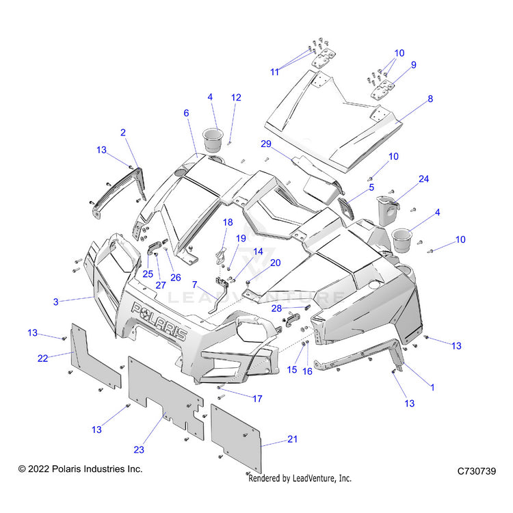An Image of a Genuine Polaris Parts Schematic Diagram showing the schematic - BODY: HOOD & FRONT FASCIA - 2024 POLARIS RANGER 570 CREW FULL SIZE