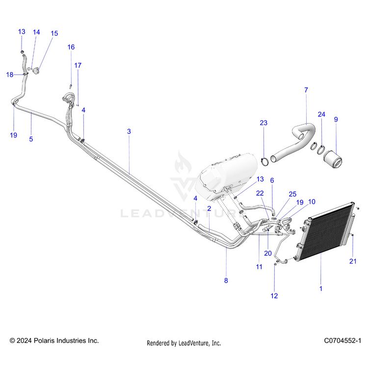 An Image of a Genuine Polaris Parts Schematic Diagram showing the schematic - BODY: HVAC CONDENSER AND HOSE ROUTINGS - 2024 POLARIS XPEDITION XP5 NORTHSTAR