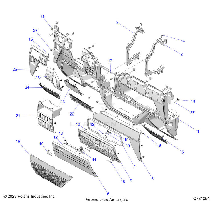 An Image of a Genuine Polaris Parts Schematic Diagram showing the schematic - BODY: DASH LOWER - 2026 POLARIS RANGER XD 1500 NORTHSTAR