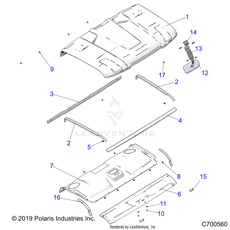 An Image of a Genuine Polaris Parts Schematic Diagram showing the schematic - BODY: ROOF (STD & PREP) - 2019 POLARIS RANGER XP 1000 NORTHSTAR FACTORY CHOICE