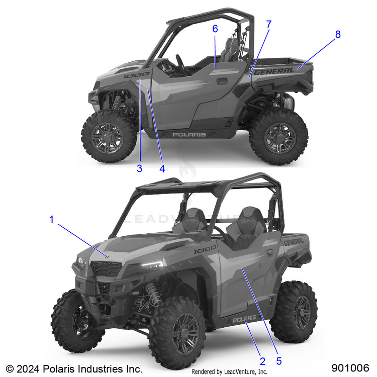 An Image of a Genuine Polaris Parts Schematic Diagram showing the schematic - BODY: DECALS - 2026 POLARIS GENERAL 1000 PREMIUM