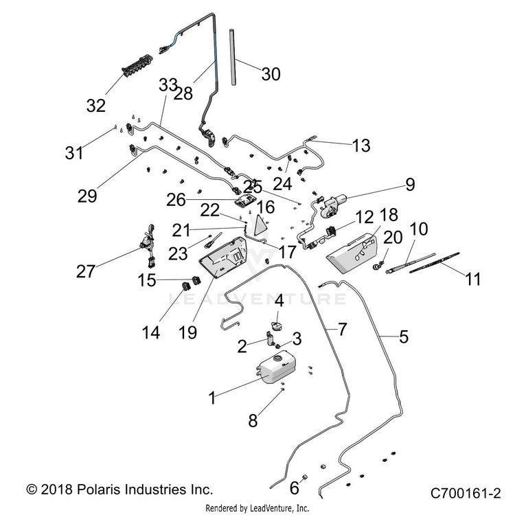 An Image of a Genuine Polaris Parts Schematic Diagram showing the schematic - BODY: ROOF WATER BOTTLE WIPER & HARNESS - 2019 POLARIS RANGER CREW XP 1000 NORTHSTAR RIDE COMMAND
